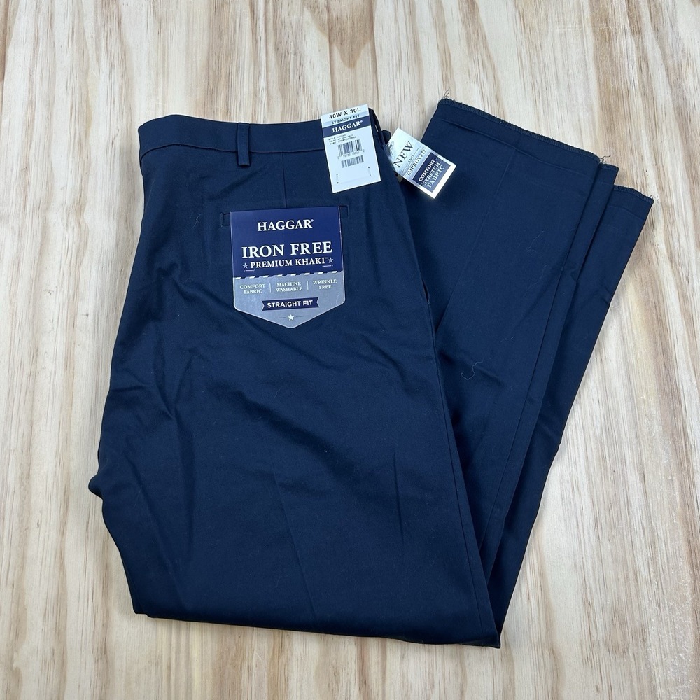 Haggar Men's NEW Iron Free Premium Khaki Pants Navy Blue 40x30 Straight Fit